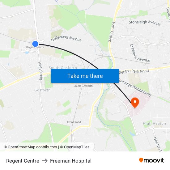 Regent Centre to Freeman Hospital map