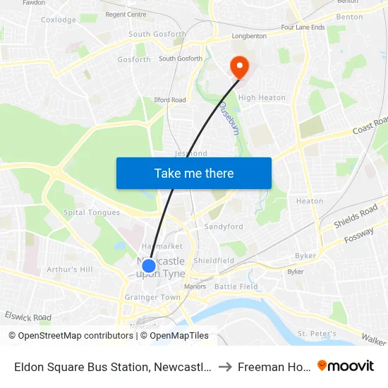 Eldon Square Bus Station, Newcastle upon Tyne to Freeman Hospital map