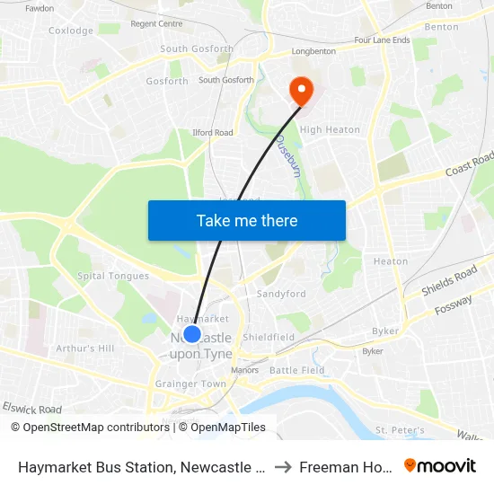 Haymarket Bus Station, Newcastle upon Tyne to Freeman Hospital map