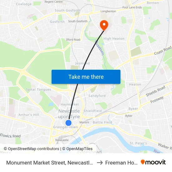 Monument Market Street, Newcastle upon Tyne to Freeman Hospital map