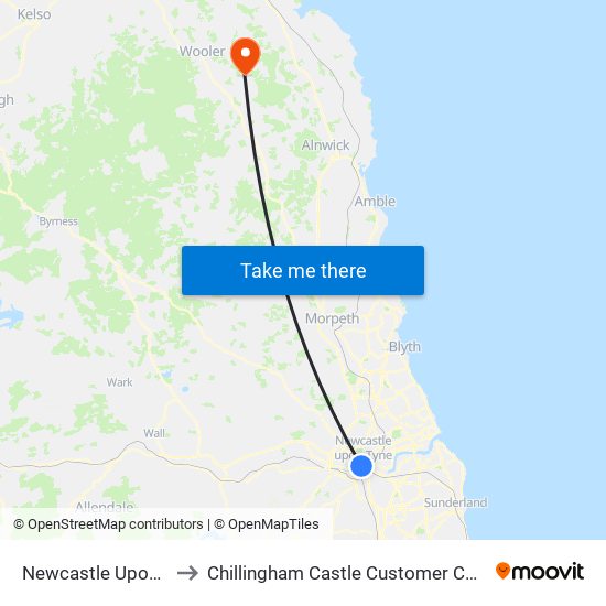 Newcastle Upon Tyne to Chillingham Castle Customer Car Parking map