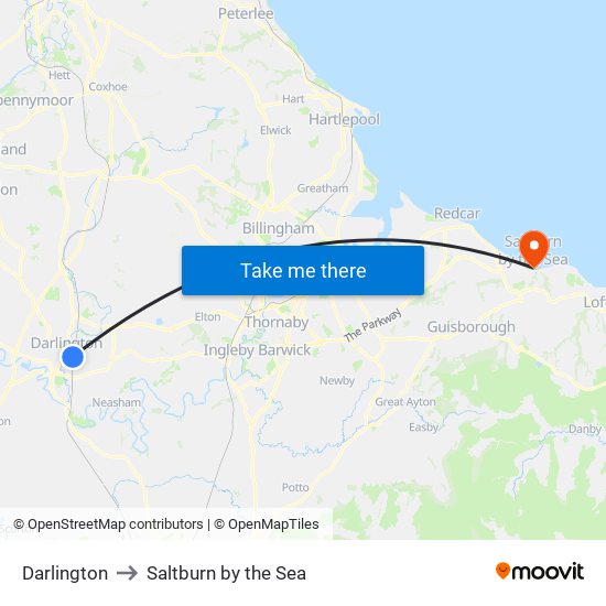 Darlington to Saltburn by the Sea map