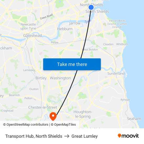 Transport Hub, North Shields to Great Lumley map