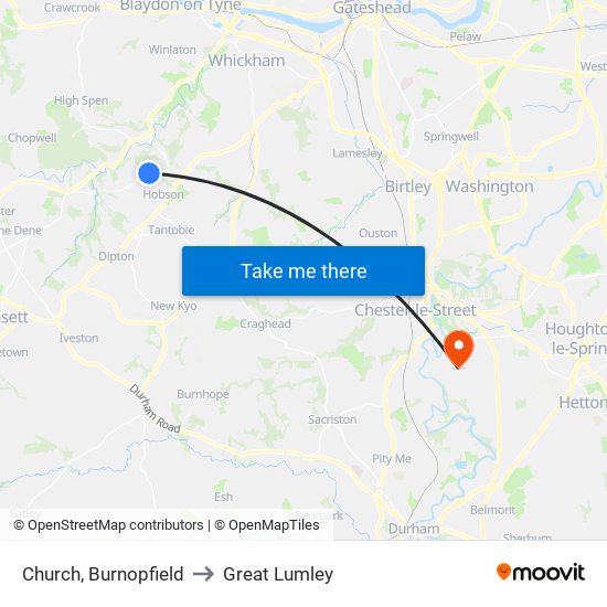 Church, Burnopfield to Great Lumley map
