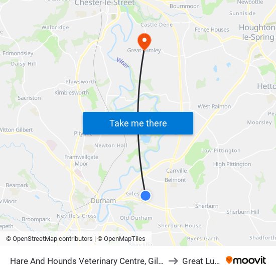 Hare And Hounds Veterinary Centre, Gilesgate Moor to Great Lumley map