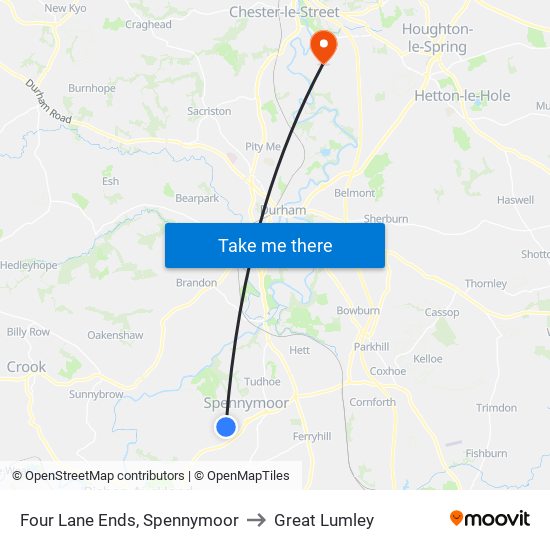 Four Lane Ends, Spennymoor to Great Lumley map