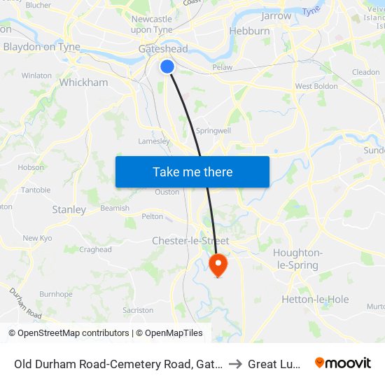 Old Durham Road-Cemetery Road, Gateshead to Great Lumley map