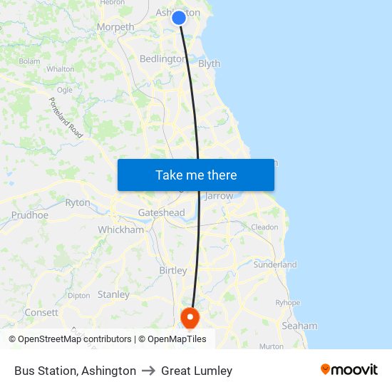 Bus Station, Ashington to Great Lumley map