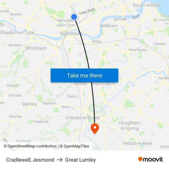 Cradlewell, Jesmond to Great Lumley map