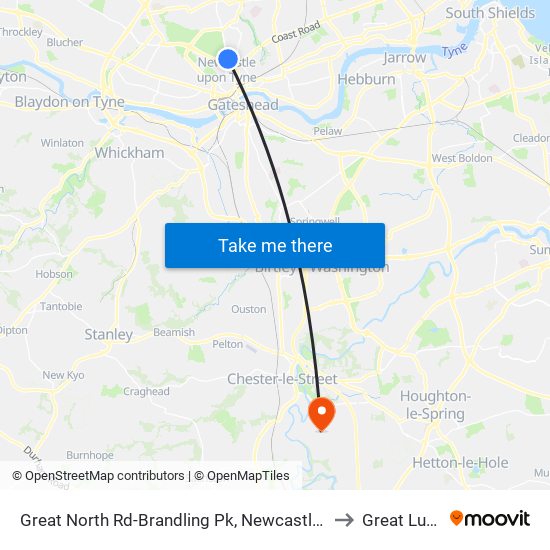 Great North Rd-Brandling Pk, Newcastle upon Tyne to Great Lumley map