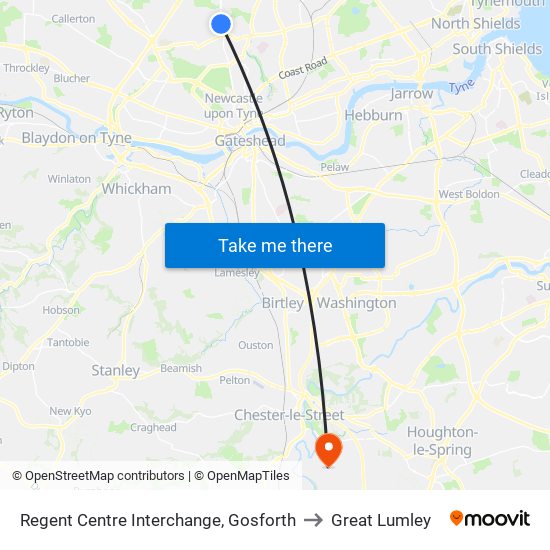 Regent Centre Interchange, Gosforth to Great Lumley map