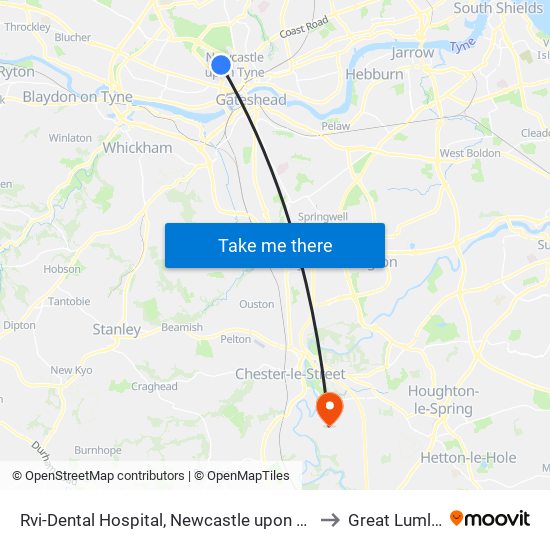 Rvi-Dental Hospital, Newcastle upon Tyne to Great Lumley map