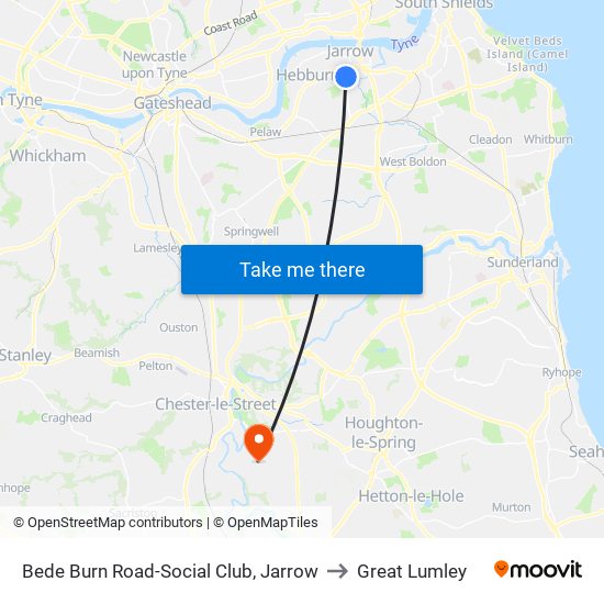 Bede Burn Road-Social Club, Jarrow to Great Lumley map