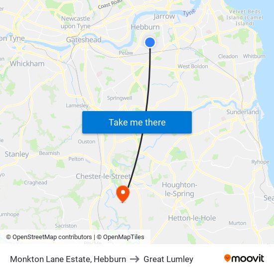 Monkton Lane Estate, Hebburn to Great Lumley map