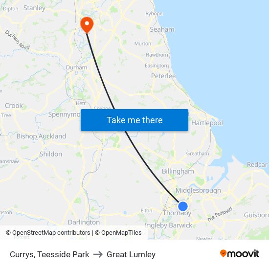 Currys, Teesside Park to Great Lumley map