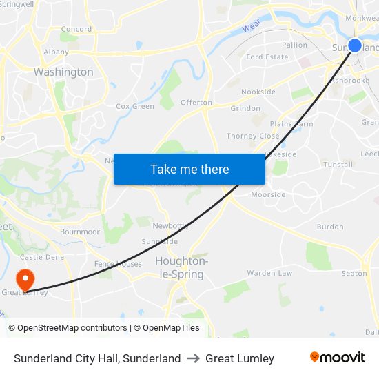 Sunderland City Hall, Sunderland to Great Lumley map