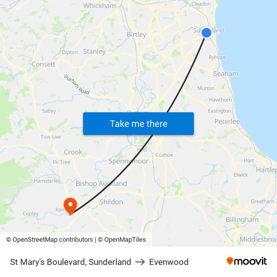 St Mary's Boulevard, Sunderland to Evenwood map