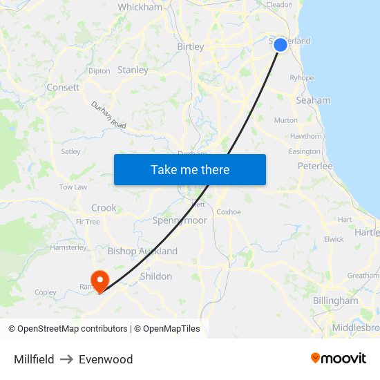 Millfield to Evenwood map