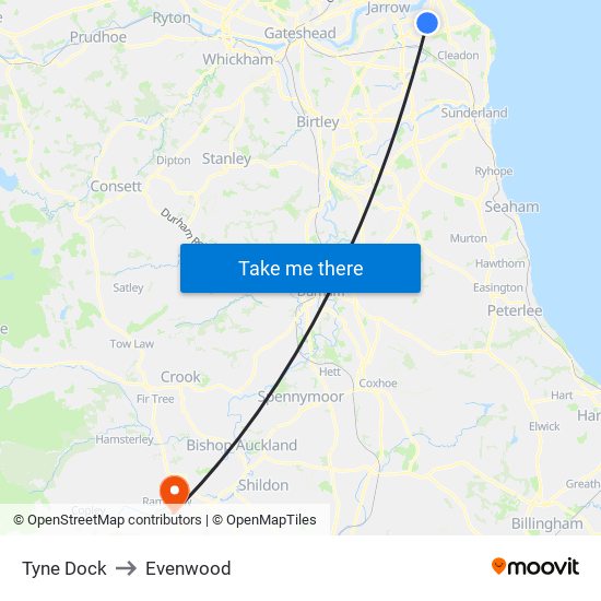 Tyne Dock to Evenwood map