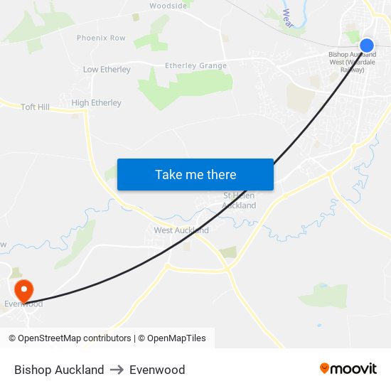 Bishop Auckland to Evenwood map