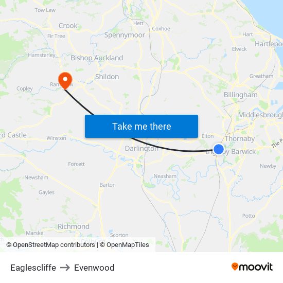 Eaglescliffe to Evenwood map