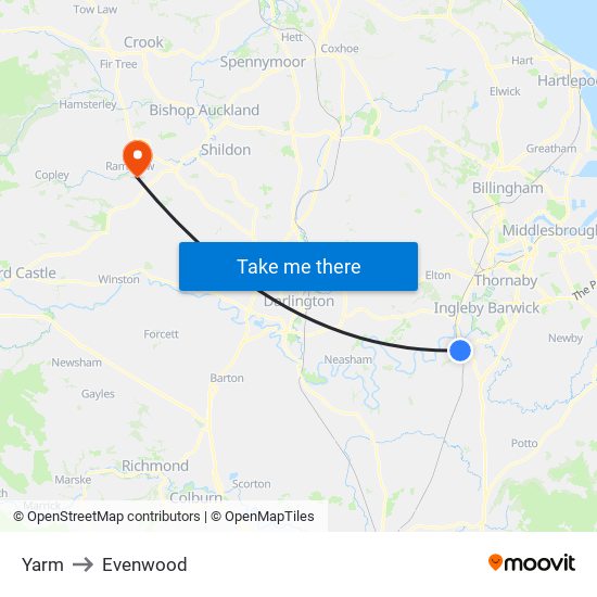 Yarm to Evenwood map
