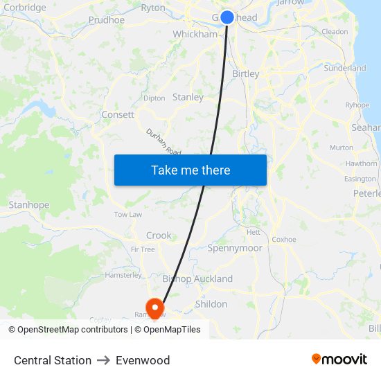 Central Station to Evenwood map