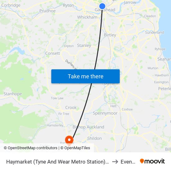 Haymarket (Tyne And Wear Metro Station), Newcastle upon Tyne to Evenwood map