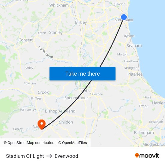 Stadium Of Light to Evenwood map