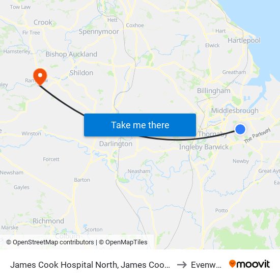 James Cook Hospital North, James Cook Hospital to Evenwood map