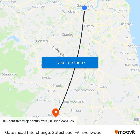 Gateshead Interchange, Gateshead to Evenwood map