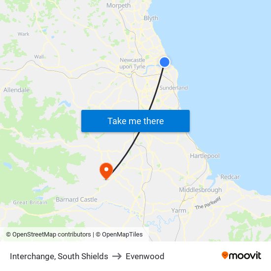 Interchange, South Shields to Evenwood map