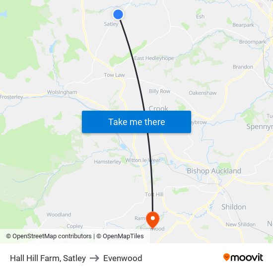 Hall Hill Farm, Satley to Evenwood map