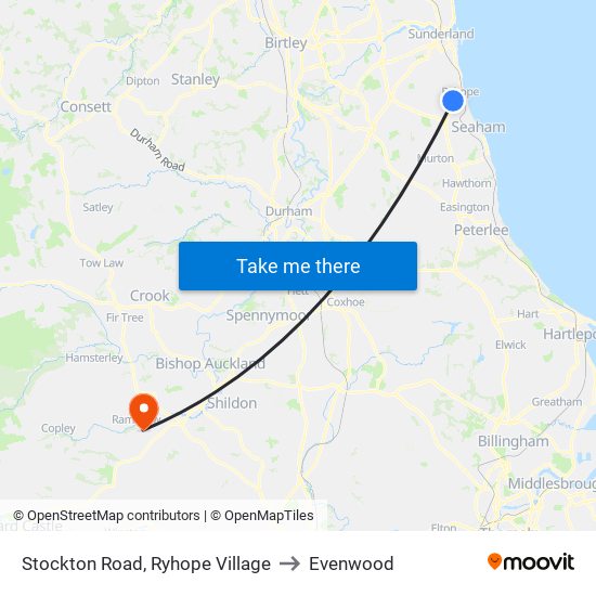 Stockton Road, Ryhope Village to Evenwood map
