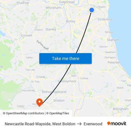 Newcastle Road-Wayside, West Boldon to Evenwood map