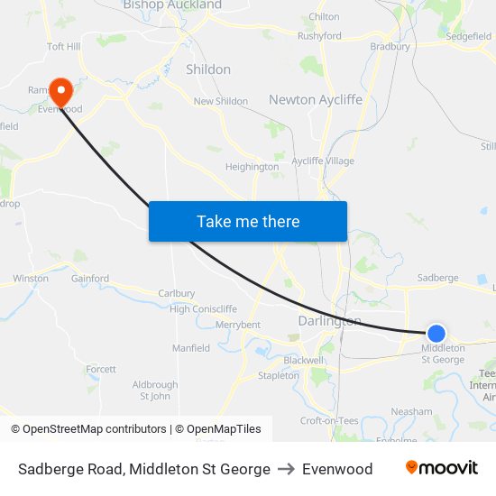 Sadberge Road, Middleton St George to Evenwood map