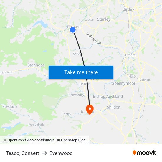 Tesco, Consett to Evenwood map