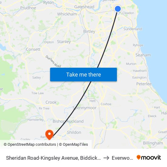 Sheridan Road-Kingsley Avenue, Biddick Hall to Evenwood map