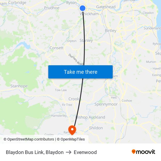 Blaydon Bus Link, Blaydon to Evenwood map