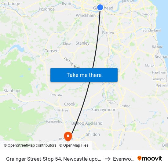 Grainger Street-Stop 54, Newcastle upon Tyne to Evenwood map