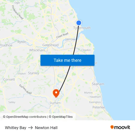 Whitley Bay to Newton Hall map
