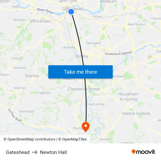 Gateshead to Newton Hall map