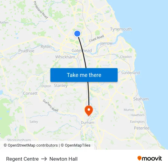 Regent Centre to Newton Hall map