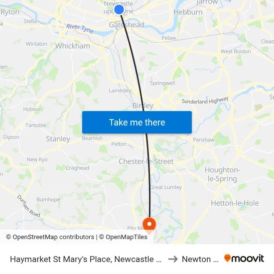 Haymarket St Mary's Place, Newcastle upon Tyne to Newton Hall map