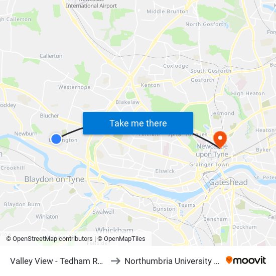 Valley View - Tedham Rd, Lemington to Northumbria University City Campus map