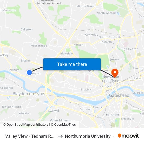 Valley View - Tedham Rd, Lemington to Northumbria University City Campus map