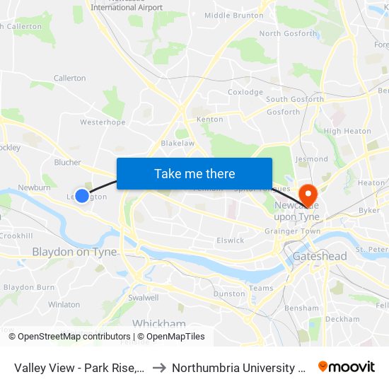 Valley View - Park Rise, Lemington to Northumbria University City Campus map