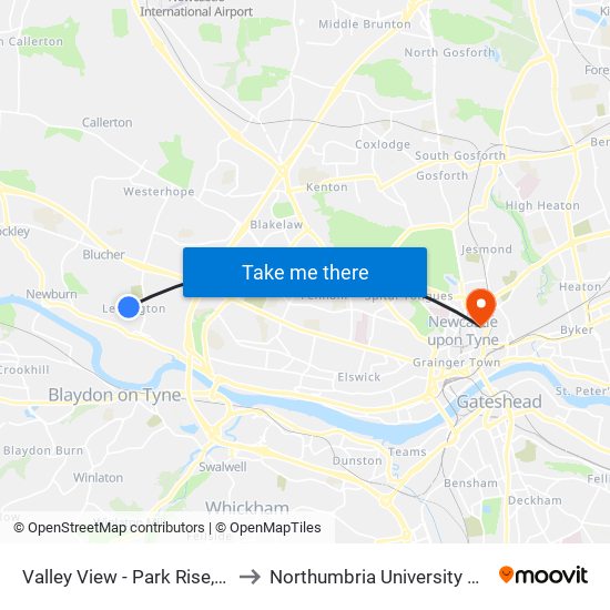 Valley View - Park Rise, Lemington to Northumbria University City Campus map