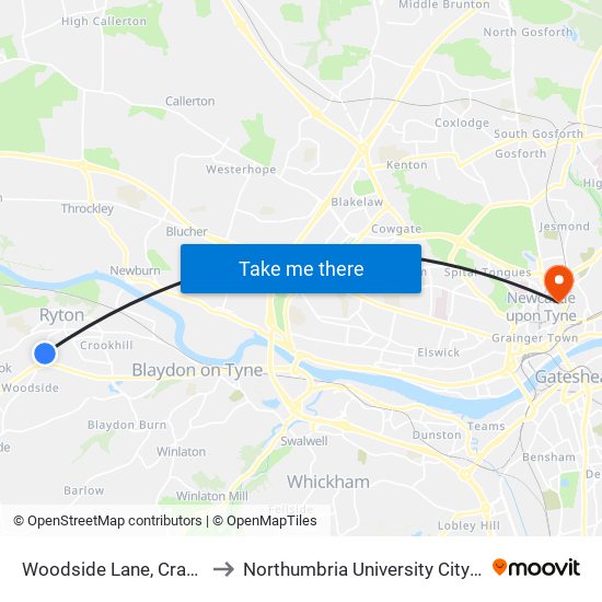 Woodside Lane, Crawcrook to Northumbria University City Campus map