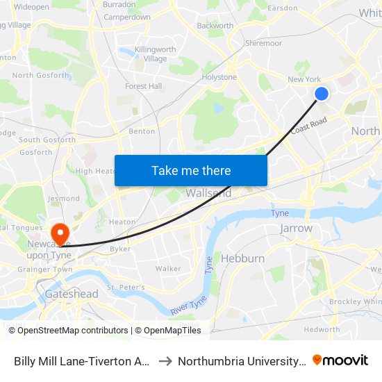 Billy Mill Lane-Tiverton Avenue, Billy Mill to Northumbria University City Campus map